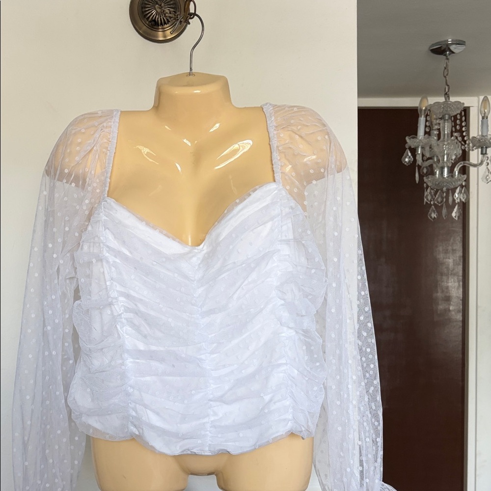 Elegant White Ruched Blouse with Sheer Sleeves